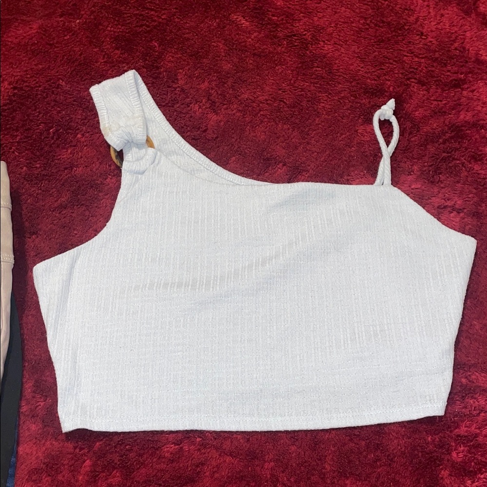 Peach Love California light blue One-Shoulder Crop Top.